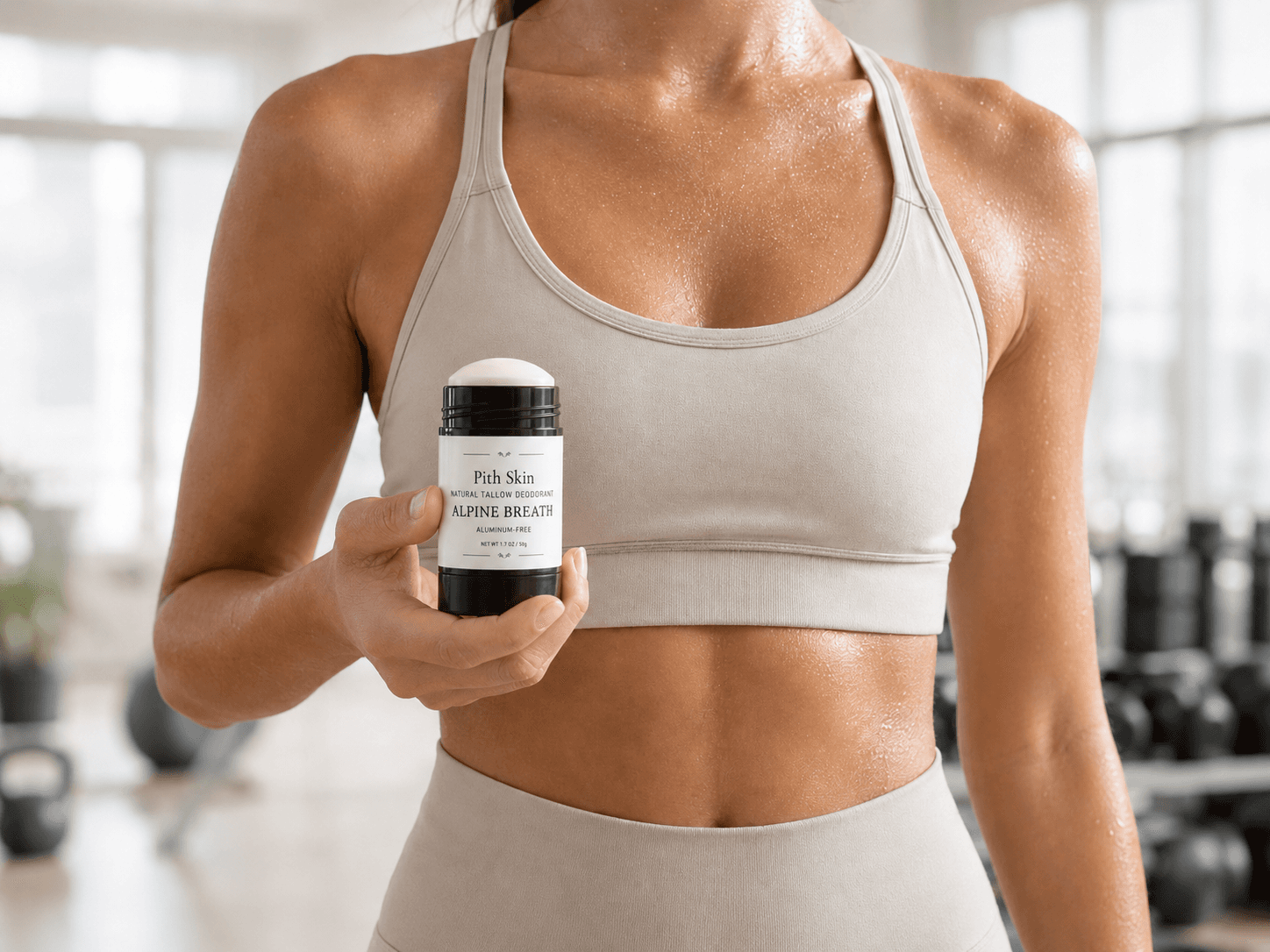 A grass-fed tallow deodorant by Pith Skin held after a workout in a Houston gym.