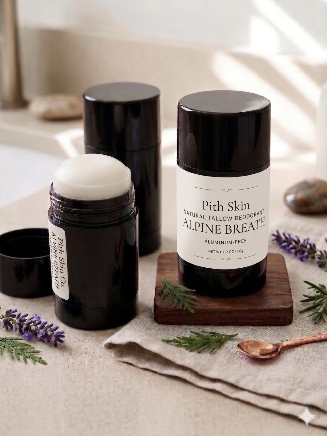 Alpine Breath deodorant on a wooden block with herbs